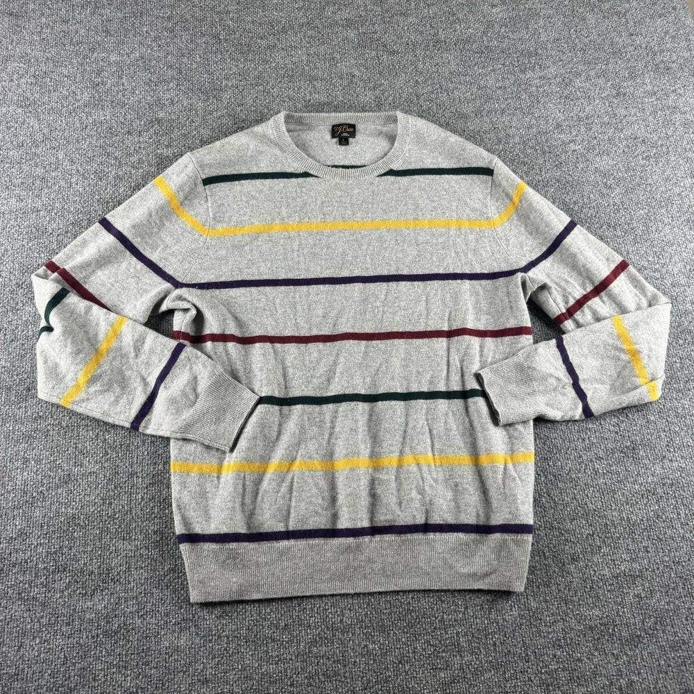 J.Crew Sweater Mens L Gray 100% Cashmere Striped Crew Neck Pullover Knit